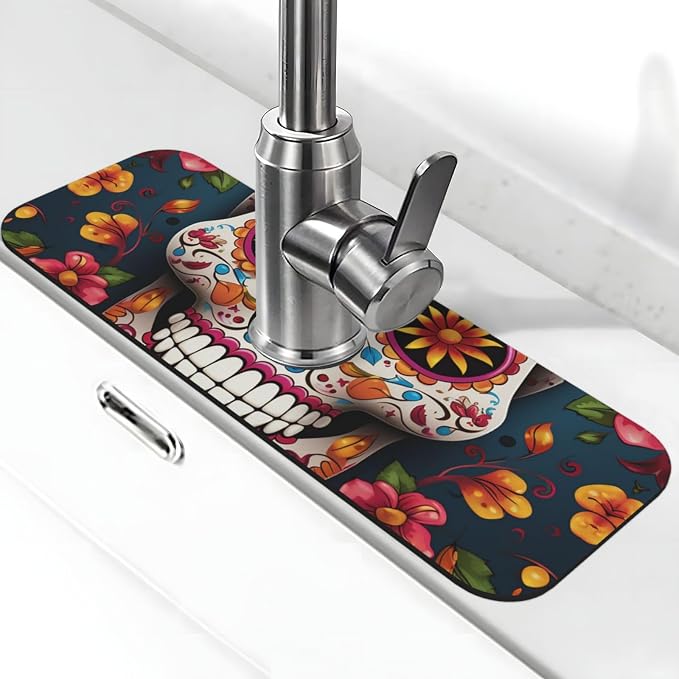 Faucet Mat for Kitchen Sink, Super Absorbent Sink Splash Guard, Fast Drying Mat Colorful Sugar Skull Sink Gadgets Splash Guard Behind Faucet Drip Catcher for Bathroom, 15"x 5.5" - skull toilet mat