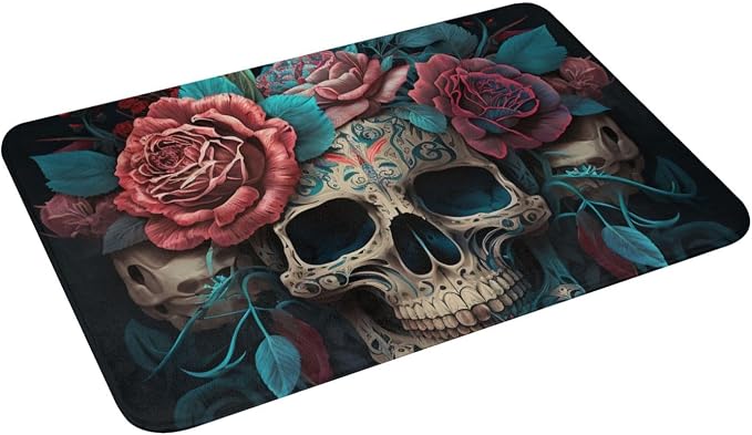 Non-Slip Doormat 24" X 16" Welcome Entrance Mat for Floor Front Door Kitchen Bathroom Home Decor, Mexican Skull Roses Day of The Dead - skull toilet mat
