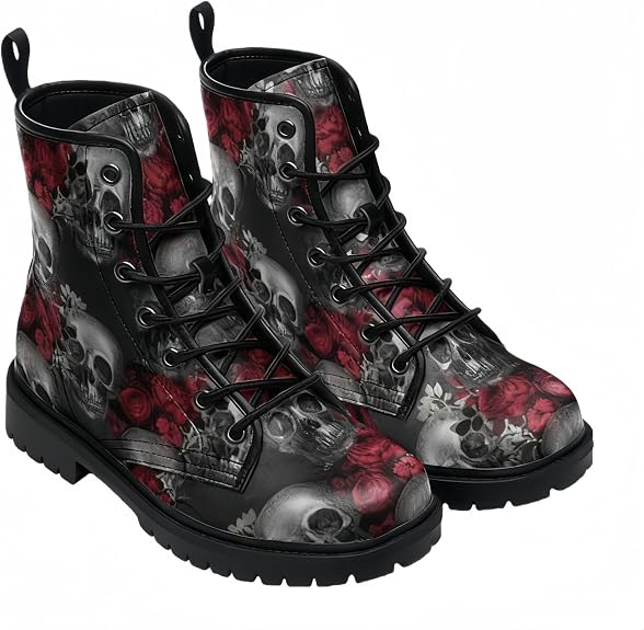 Women’s Printed Ankle Boots with Skull Rose Owl Galaxy Black Combat Boot Round-toe Lace-up Floral Booties Customizable Shoes for Travel Party Working Festivals