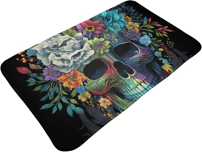 Non-Slip Welcome Doormat 31.5" X 20" for Front Door Entrance Floor Mat Home Bathroom Decor, Floral Sugar Skull Flowers - skull toilet mat