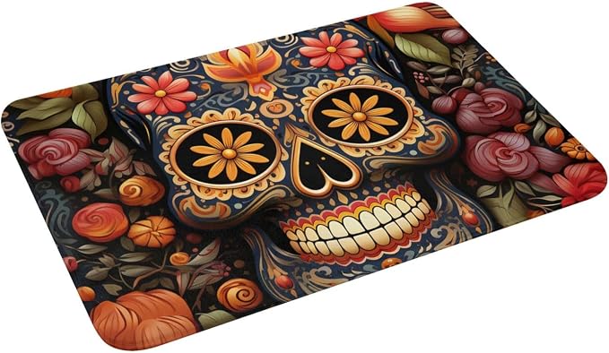 Non-Slip Doormat 24" X 16" Welcome Entrance Mat for Floor Front Door Kitchen Bathroom Home Decor, Skull Mexican Day Dead - skull toilet mat
