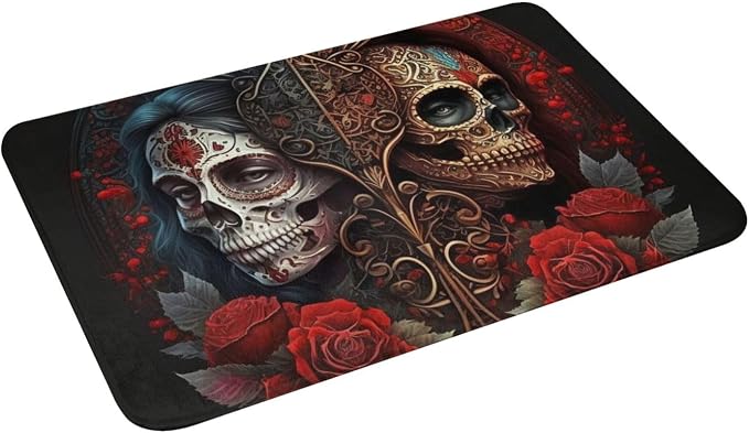 Non-Slip Doormat 24" X 16" Welcome Entrance Mat for Floor Front Door Kitchen Bathroom Home Decor, Skulls Lovers Day of The Dead Red Roses - skull toilet mat