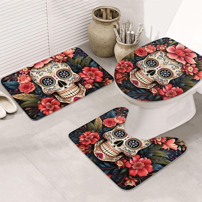 3-Piece Bathroom Rug Sets - Non-Slip Bath Mat 31.5"X19.7" with U-Shaped Contour Mat Toilet Lid Cover, Skulls Gothic Day of The Dead Art - skull toilet mat