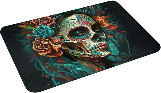 Non-Slip Doormat 24" X 16" Welcome Entrance Mat for Floor Front Door Kitchen Bathroom Home Decor, Sugar Skull Zombie Rose - skull toilet mat