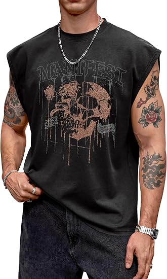 VOGSTART Mens Gothic Graphic Tank Tops Oversized Acid Wash Sleeveless Shirt - skull tank tops
