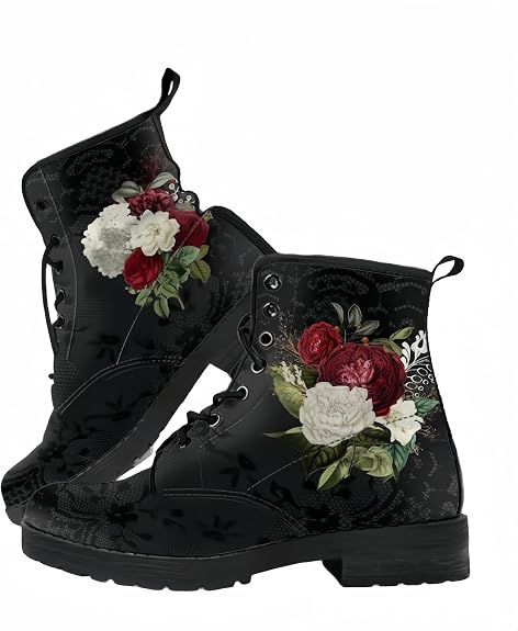 Women’s Printed Ankle Boots with Skull Rose Owl Galaxy Black Combat Boot Round-toe Lace-up Floral Booties Customizable Shoes for Travel Party Working Festivals - sugar skull costume