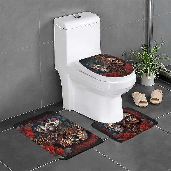 3-Piece Bathroom Rug Set Non-Slip Flannel Bath Mat 24"X16" U-Shaped Contour Mat Toilet Lid Cover, Skulls Lovers Day of The Dead Red Roses - skull toilet mat