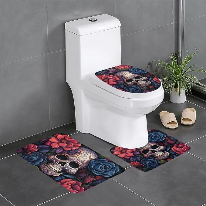 3-Piece Bathroom Rug Set Non-Slip Flannel Bath Mat 24"X16" U-Shaped Contour Mat Toilet Lid Cover, Gothic Skull Day of The Dead Art - skull toilet mat