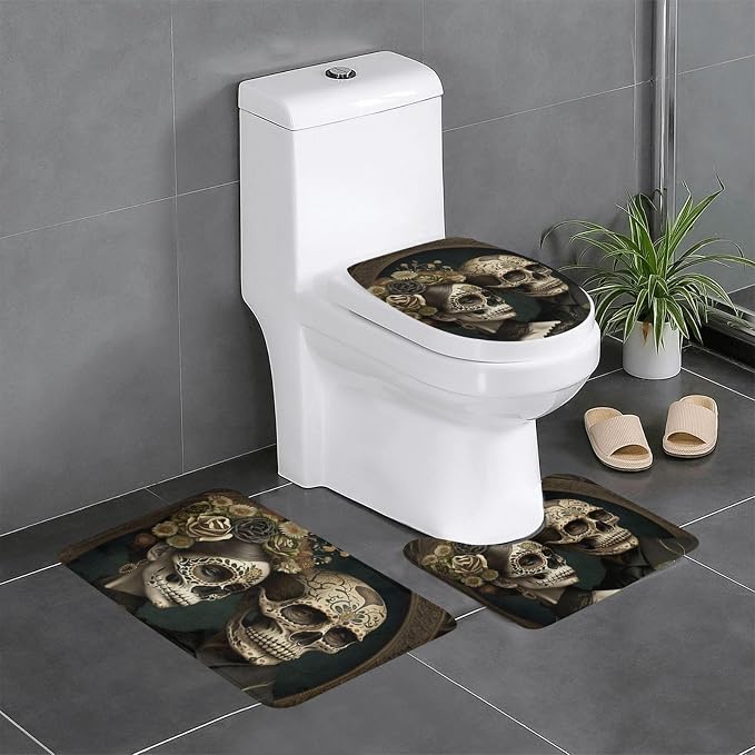 3-Piece Bathroom Rug Set Non-Slip Flannel Bath Mat 24"X16" U-Shaped Contour Mat Toilet Lid Cover, Skulls Lovers Day of The Dead - skull toilet mat