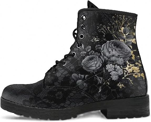 Women’s Printed Ankle Boots with Skull Rose Owl Galaxy Black Combat Boot Round-toe Lace-up Floral Booties Customizable Shoes for Travel Party Working Festivals - sugar skull boots