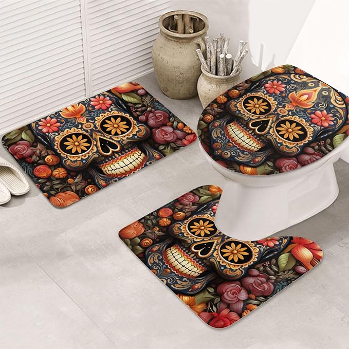 3-Piece Bathroom Rug Sets - Non-Slip Bath Mat 31.5"X19.7" with U-Shaped Contour Mat Toilet Lid Cover, Skull Mexican Day Dead - skull toilet mat