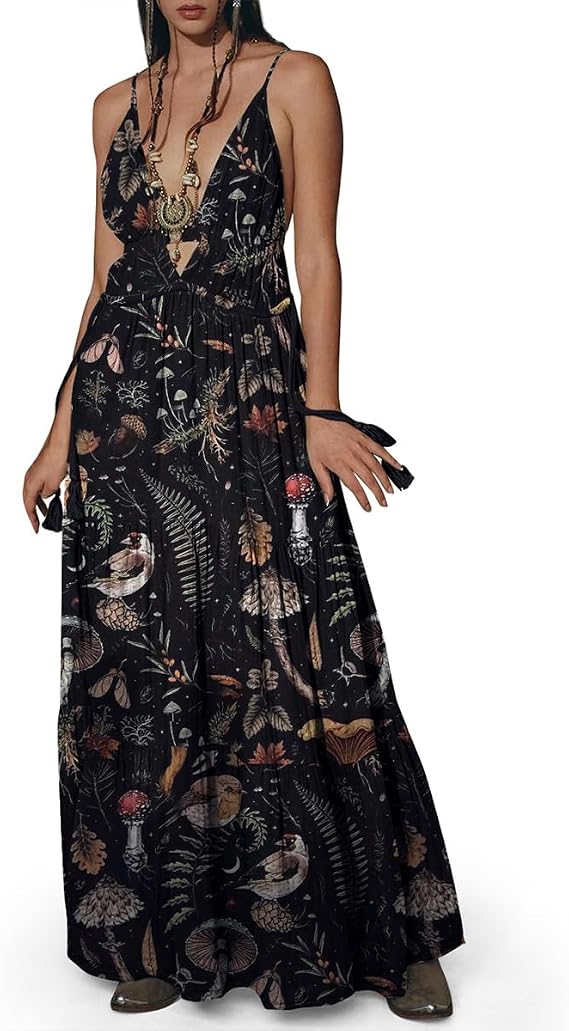 Womens Summer Sun Dresses Mystical Gothic Maxi Dress Casual Floral Witch Dress Date Dress Halloween Outfits - sugar skull dress