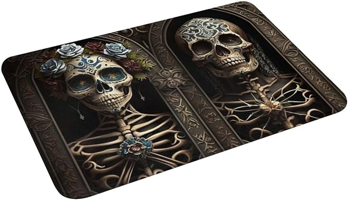 Non-Slip Doormat 24" X 16" Welcome Entrance Mat for Floor Front Door Kitchen Bathroom Home Decor, Skulls Lover Day of The Dead Gothic - skull toilet mat
