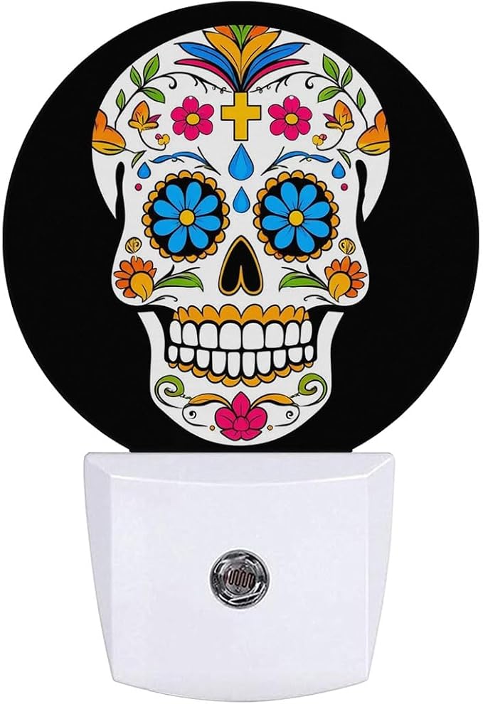 Skull Skeleton Head Halloween Dia De Los Muertos Night Light Plug Into Wall Auto Led Sleep Round Lamp for Living Room Hallway Stairs