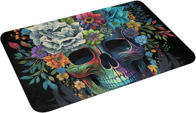 Non-Slip Doormat 24" X 16" Welcome Entrance Mat for Floor Front Door Kitchen Bathroom Home Decor, Floral Sugar Skull Flowers - skull carpet