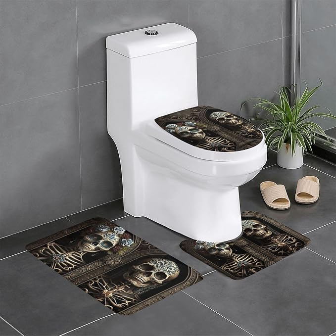 3-Piece Bathroom Rug Set Non-Slip Flannel Bath Mat 24"X16" U-Shaped Contour Mat Toilet Lid Cover, Skulls Lover Day of The Dead Gothic - skull toilet mat