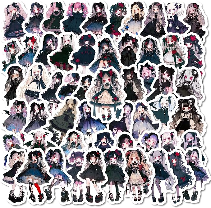 56 Pcs Gothic Anime Girl Stickers Pack, Waterproof Vinyl Dark Kawaii Girl Decals for Laptops, Water Bottles, Alt Emo Aesthetic Manga Character Stickers for Teens, Adults, Scrapbooking - skull sticker