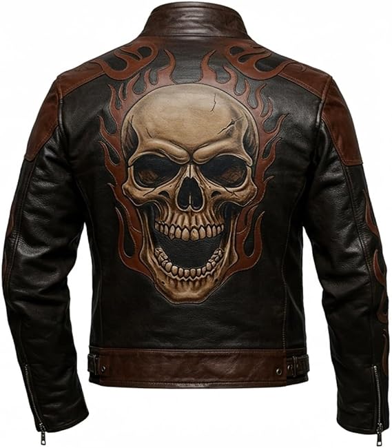 Men’s Black Leather Biker Jacket with Skull and Flame Design, Motorcycle Style - sugar skull boots