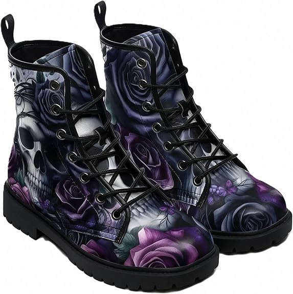 Women's Gothic Punk Floral Skull Printed Ankle Boots Lace-Up Round Toe Combat Short Booties Low Heeled Motorcycle Shoes for Work Travel Halloween Festivals - sugar skull boots