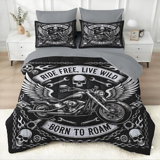 WeCozy Queen Comforter Set with Sheets, 7 Pieces Motorcycle Skull Bedding - skull bedding