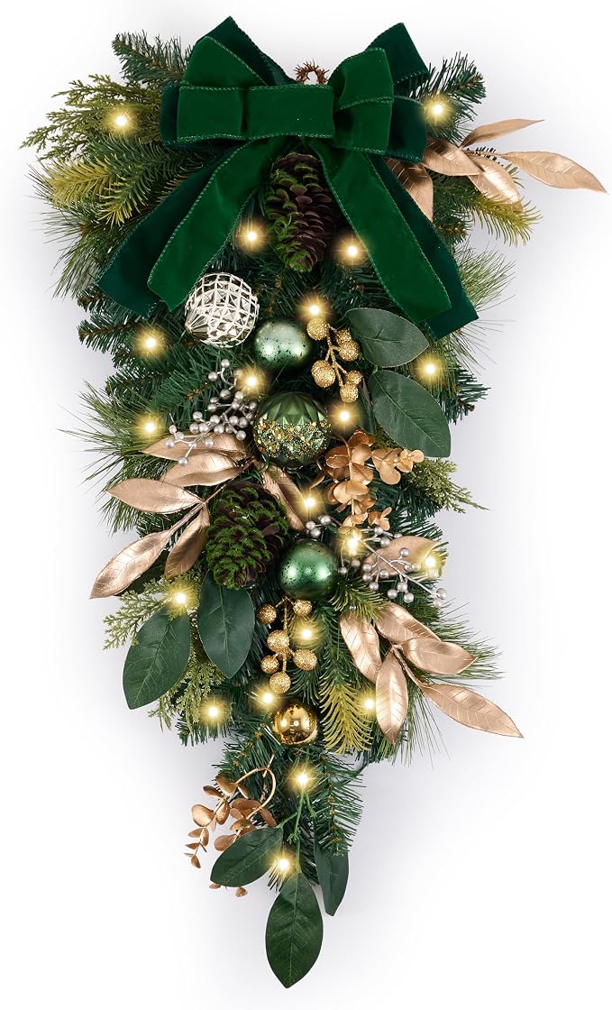 DecorbyHannah 24" Christmas Teardrop Swag Decoration with Lights Green Gold - skull wreath