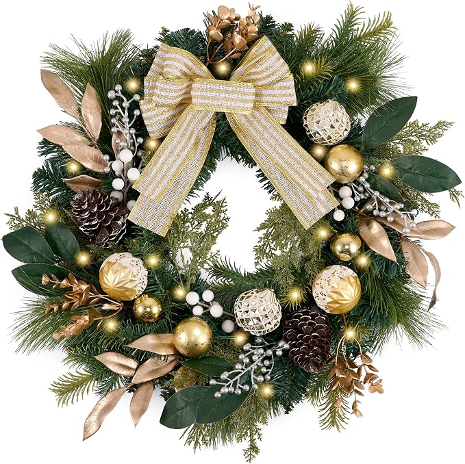 DecorbyHannah 20" Prelit Christmas Door Wreath with Light (Gold) - skull wreath