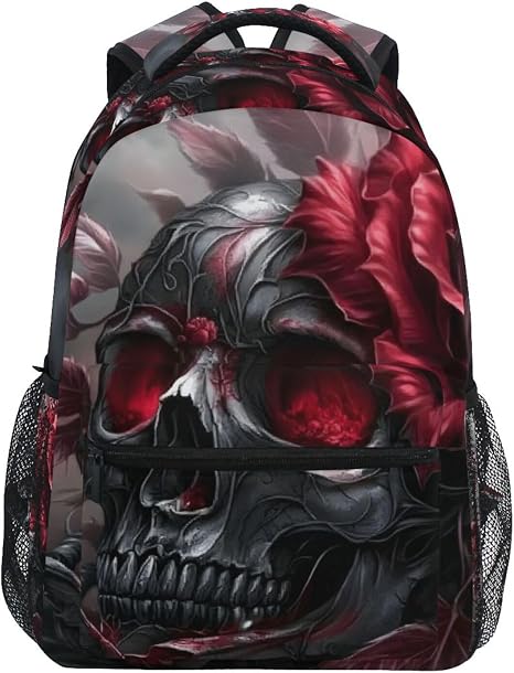 Backpack Skull Rose Leaf Gothic for Women Men - Book Bag Cute Laptop Travel Backpack Daypack M - skull backpack