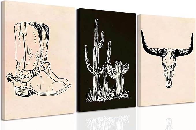 Vintage Western Wall Art Set of 3 Framed Southwestern Cowboy Boots Cactus Longhorn Skull Wall Decor Canvas Prints Pictures Large Rustic Ranch Farmhouse Artwork for Living Room Bedroom 12x16 Inch - skull wall art