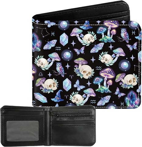 Skull Bifold Wallet, Black Mushroom Small Slim Coin Pocket Wallet - skull wallet