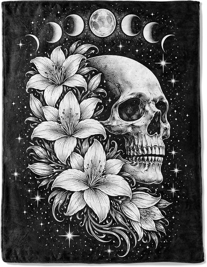 Whimsical Skull Moon Phase Fleece Throw Blanket 50x60 Inch,Gothic Skeleton Floral Decorative Throws,Lightweight Blankets for Bedroom Dorm Meditation Room,Cozy Gifts for Teens Women Goth Lovers - skull blanket
