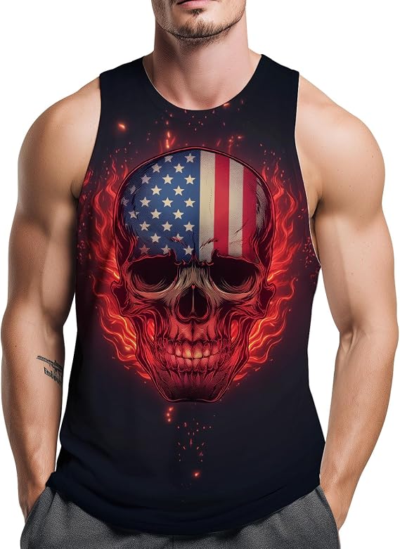 Men's Patriotic American Flag Skull Gym Tank Top Summer Sleeveless Muscle Workout Shirt - skull tank tops