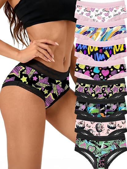 SYVIN Women 8pcs Cute Halloween Allover Skull Print Hipster Panties, Lace Trims Low Rise Bikini Comfortable Underwear - skull swimsuit
