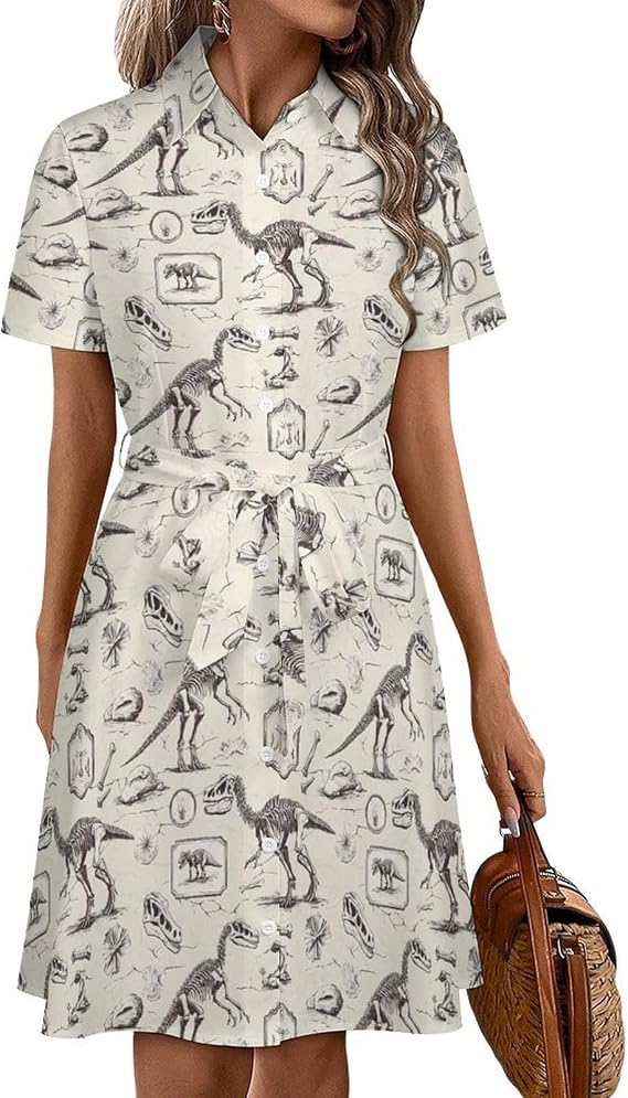 Button Down Shirt Dresses for Women - Comfy Vintage Dinosaur Skull Print Short Sleeve Midi Dresses with Belted - sugar skull dress