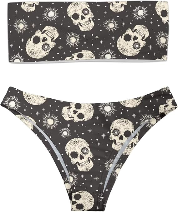 Gothic Skull Womens Two Piece Swimsuit High Waisted Bikini Sets for Women Tummy Control Bandeau Bikini Swimsuits Removable Strap Strapless Cheeky Off Shoulder Y2K Bathing Suit L - skull swimsuit