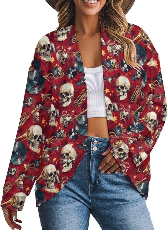 Cardigan Sweaters for Women Trendy - Rock Style Music Skull Print Cozy Ladies Shrugs Lightweight Cardiganan - skull jacket