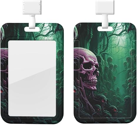 ID Badge Holder Vertical Plastic Card Case Protector Skull Under Green Light Badge Holder with Lanyard ID Card Holder Waterproof Name Tag Holder Badge Reel Work Badge Sleeve for Office Doctor Nurse