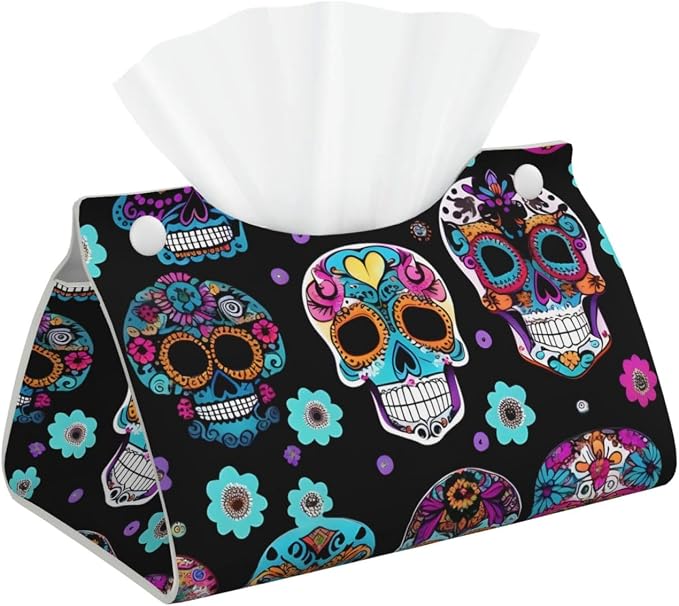 Sugar Skull Print Stylish Tissue Box Cover Oblong Home Travel Car Storage Decor Holder Organizer - skull toilet paper
