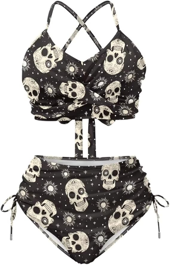 TODIYADDU Womens Full Coverage Bikini Sets High Waisted Bathing Suit Summer Swimsuit XS-3XL - skull swimsuit