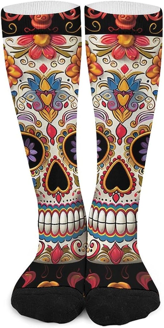 Sugar Skulls Calf Work Socks for Men, Athletic Crew Sock for Women, Breathable High Boot Socks - sugar skull boots