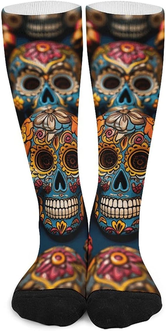 Colorful Sugar Skulls Calf Work Socks for Men, Athletic Crew Sock for Women, Breathable High Boot Socks - sugar skull boots