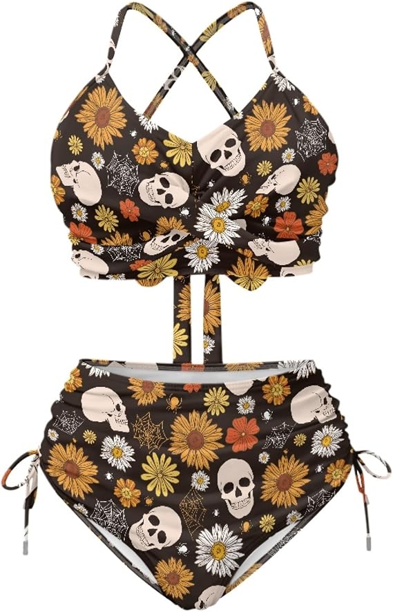 Women's Hippie Flower Bikini Sets Two Piece Sexy Twist Front Swimsuit High Waisted Swim Bathing Suit - skull swimsuit