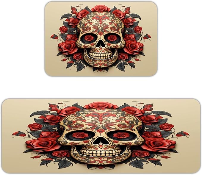 Red Rose Sugar Skull Kitchen Mats for Floor 2PCS Cushioned Anti Fatigue Rug Non Slip Washable Rugs Ergonomic Comfort Mat Colorful Soft Carpet Runner Rugs 16"×24"+17"×47" - skull carpet