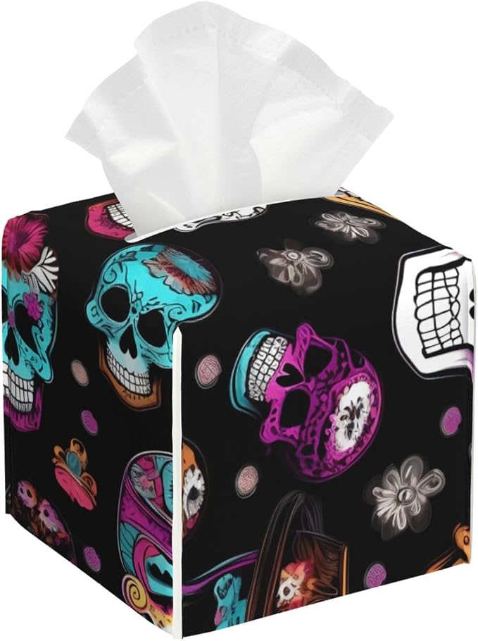 Sugar and Skulls Style Print Tissue Box Cover Square for Living Room Bedroom Office Decor Holder Organizer - skull toilet paper