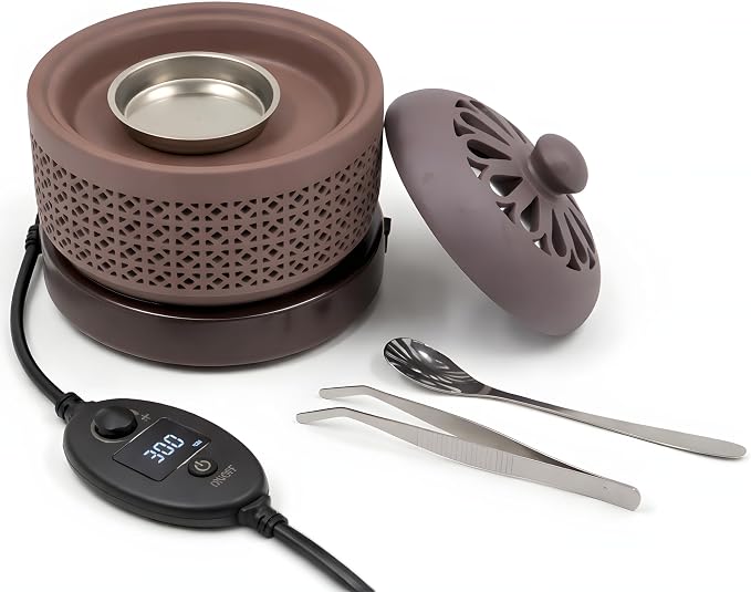Ceramic Electric Incense Burner with Temperature Control, Timer & Night Light – Bakhoor & Resin Warmer (Brown) - skull incense burner