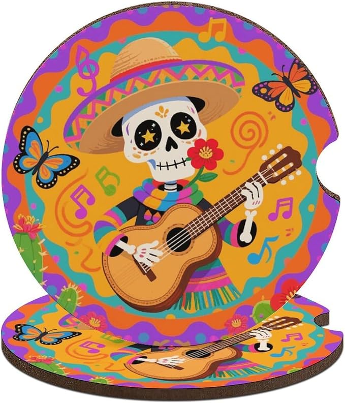 Sugar Skull Car Coasters for Cup Holders 2 Pack Car Cup Holder Coasters for Cars Wood Absorbent Cars Coaster with A Finger Notch Auto Interior Accessories for Women Men - skull coaster