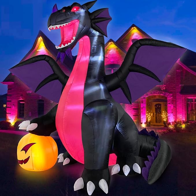 Danxilu 9FT Halloween Inflatable Dominating Dragon with Pumpkin Outdoor Decoration, Blow Up Yard Decoration with LED Lights Spooky for Halloween Fun Holiday Party Yard Garden Lawn Decor - skull inflatable