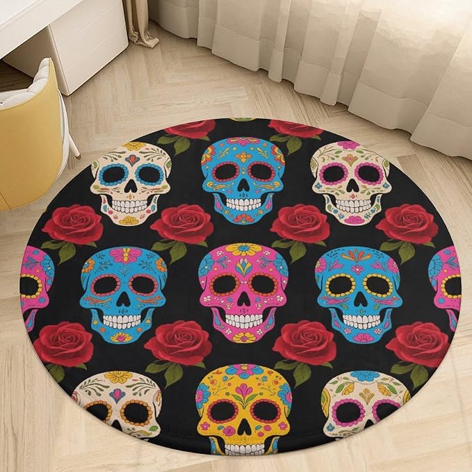 Coral Velvet Round Area Rugs for Bedroom 3' Thin 0.2" Non Slip Low Pile Circle Sugar Skulls Bath Rug Absorbent Front Door Mat Plush Floor Carpet for Entryway Dorm Home Decor - skull carpet