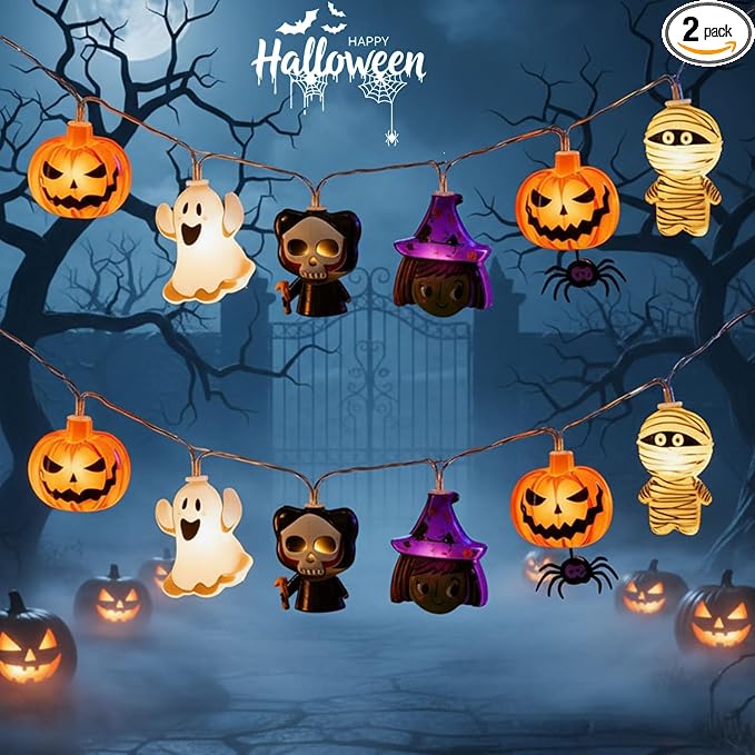 Halloween String Lights, 2-Packs 10Ft 20LED Fall Fairy Lights USB&Battery Optional (Not Included) Autumn Decor Light 8 Flashing Modes Cute Skull String Lights Indoor Outdoor Decor for Home Yard Patio - string light