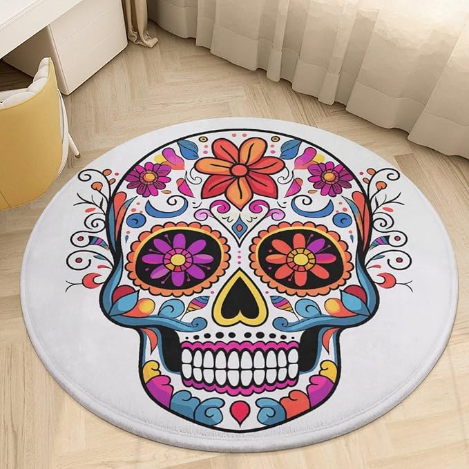 Plush Coral Velvet Round Area Rug 2' Ultra-Thin 0.2" Sugar Skull Floor Mat Non-Slip TPR Backing Low Pile Washable Welcome Front Door Mats for Bedroom Bathroom Entryway Decor - skull floor mat