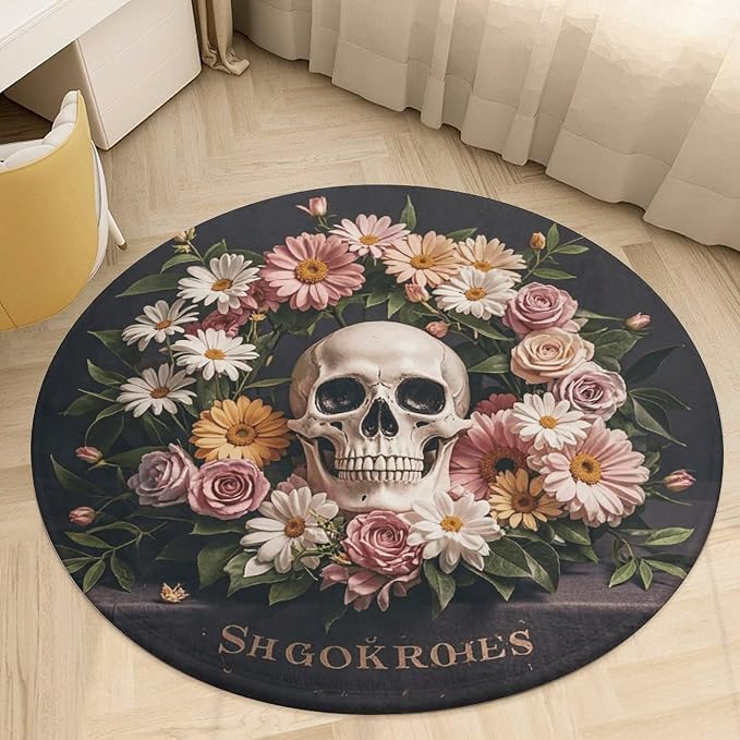 Plush Coral Velvet Round Area Rug 2' Ultra-Thin 0.2" Bonsai Tree Sugar Skull Floor Mat Non-Slip TPR Backing Low Pile Washable Welcome Front Door Mats for Bedroom Bathroom Entryway Decor - skull floor mat